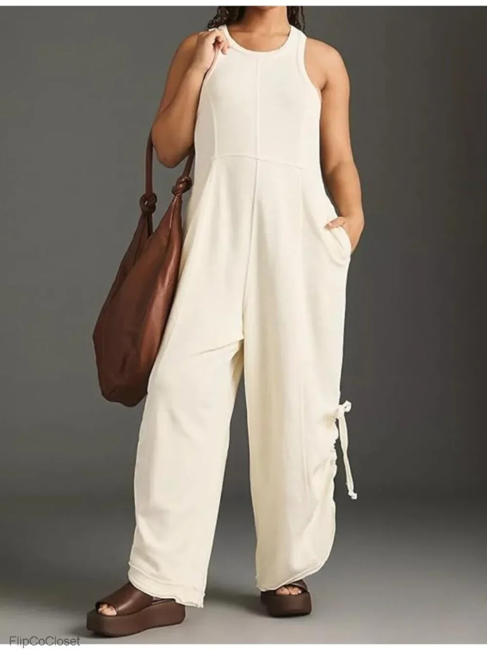 Women's Sleeveless Wide Leg Jumpsuit Loose Fit Cotton Romper with Pockets &